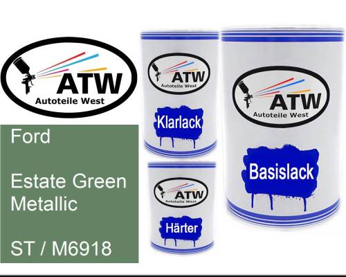 Ford, Estate Green Metallic, ST / M6918: 500ml Lackdose + 500ml Klarlack + 250ml Härter - Set, von ATW Autoteile West.